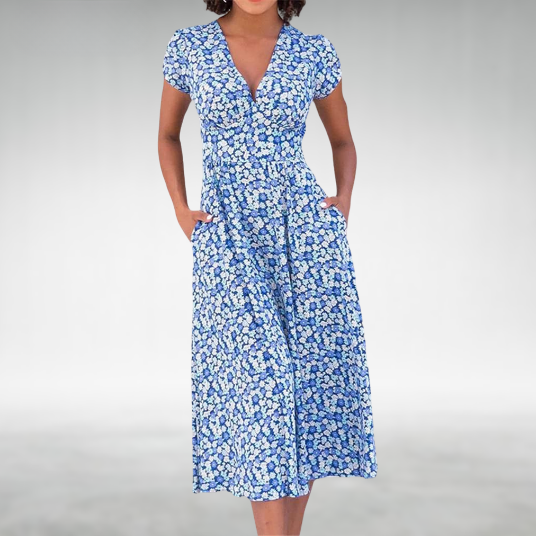 Alice | Floral V-Neck Midi Dress with Pockets for Women
