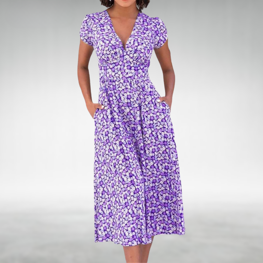 Alice | Floral V-Neck Midi Dress with Pockets for Women
