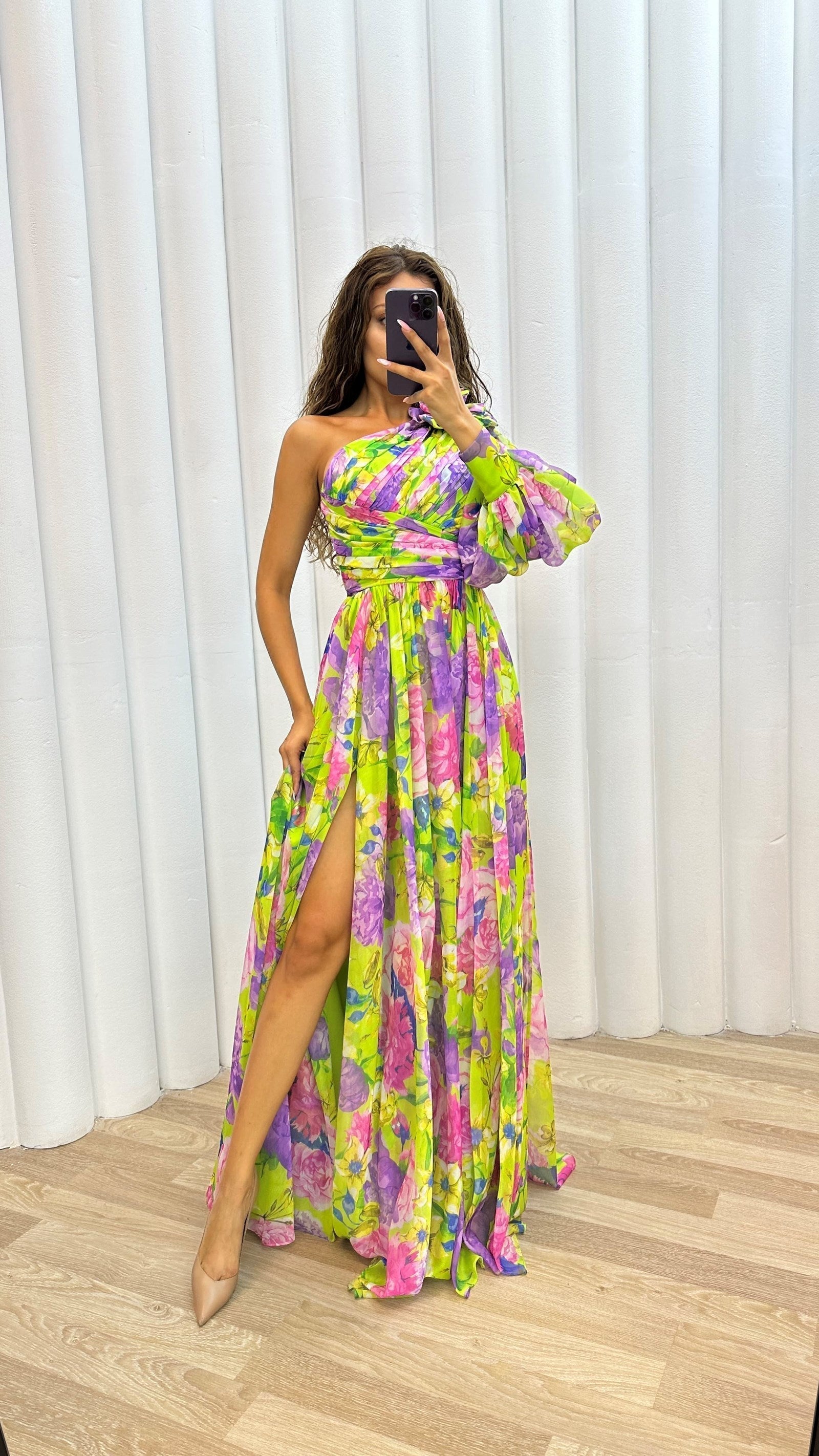 Ashley | Women's Floral One-Shoulder Maxi Dress with Split