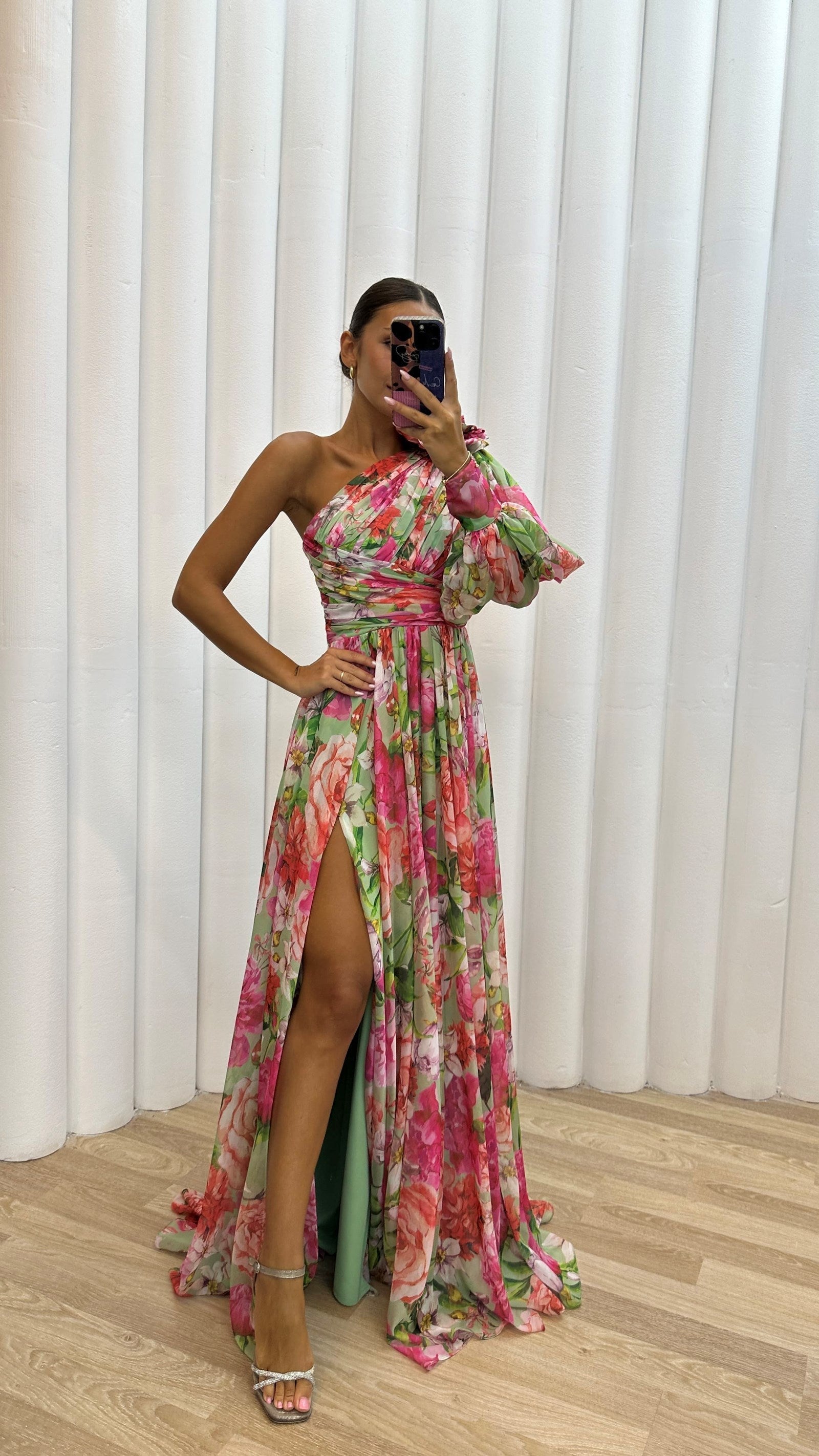 Ashley | Women's Floral One-Shoulder Maxi Dress with Split