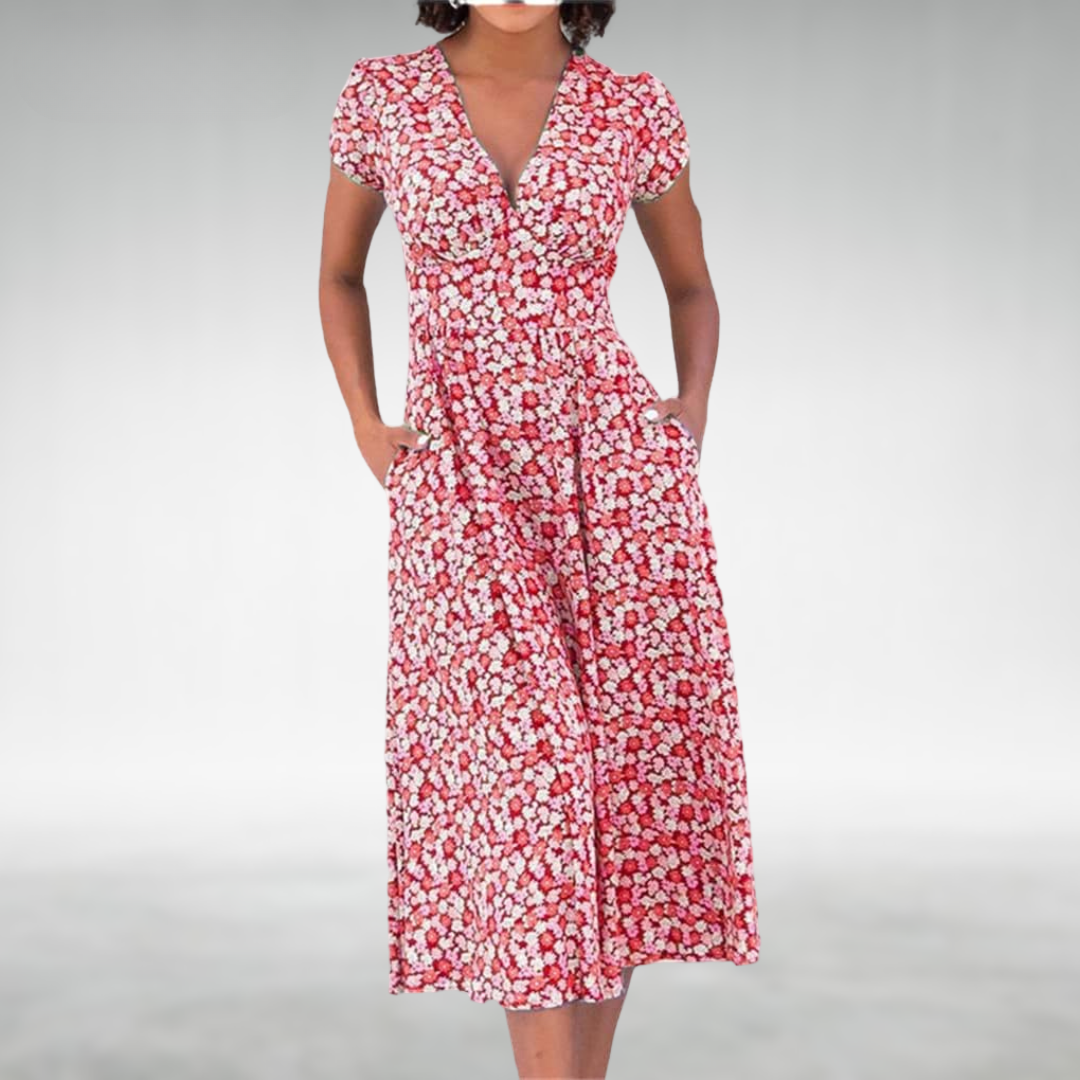 Alice | Floral V-Neck Midi Dress with Pockets for Women