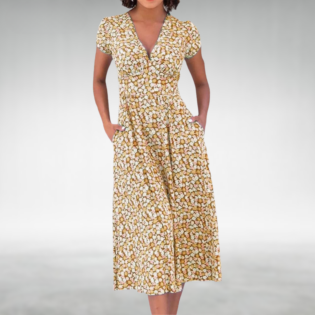 Alice | Floral V-Neck Midi Dress with Pockets for Women