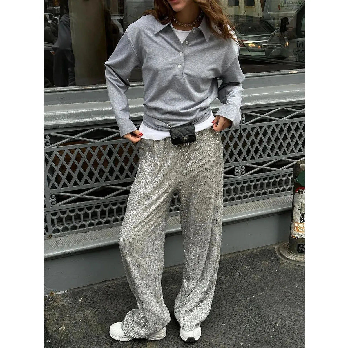 Casual Women's Mid Waist Sequin Pants | Relaxed Fit