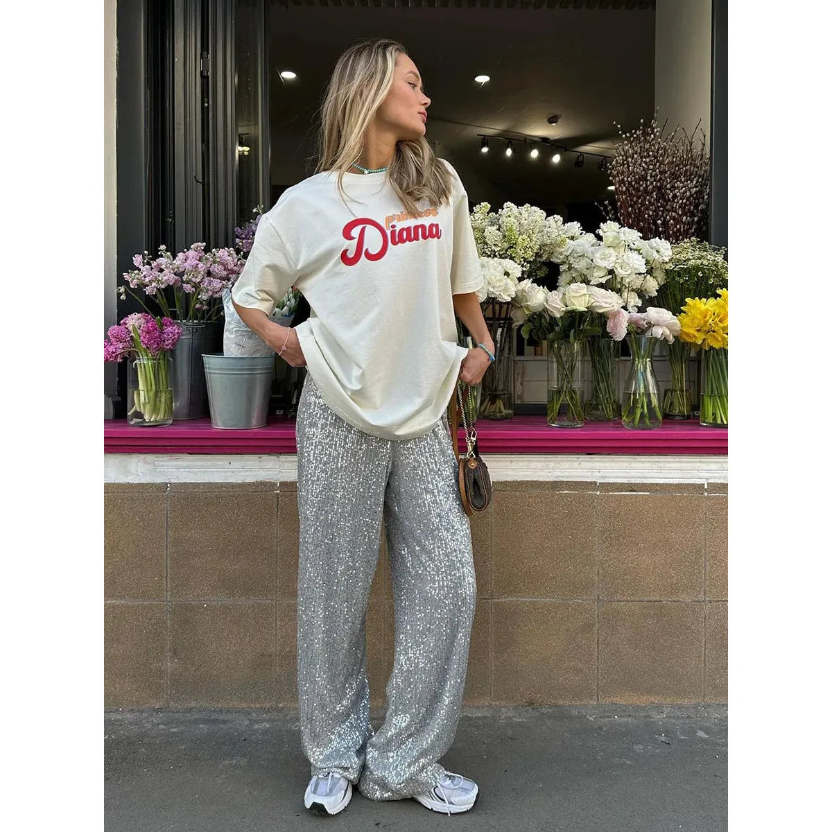 Casual Women's Mid Waist Sequin Pants | Relaxed Fit