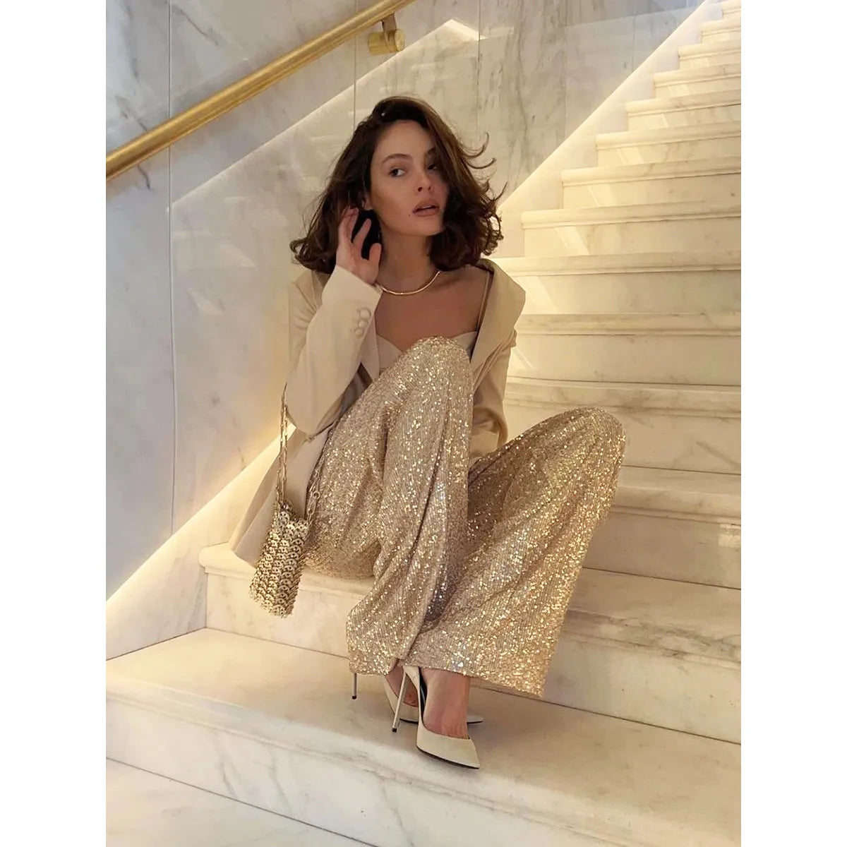 Casual Women's Mid Waist Sequin Pants | Relaxed Fit