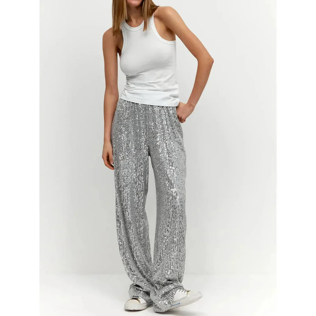 Casual Women's Mid Waist Sequin Pants | Relaxed Fit